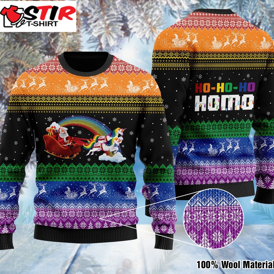 Ho Ho Ho Homo Gay Ugly Sweater With Santa Claus And Unicorns For Gay On National Ugly Sweater Day And Christmas Time   645