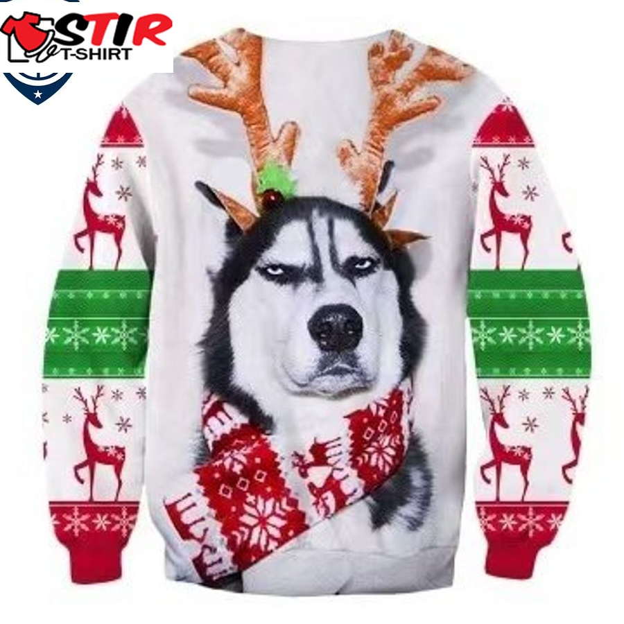 Hot Angry Husky With Deerhorn Ugly Christmas Sweater