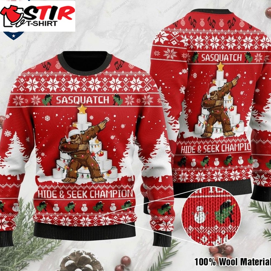 Hot Bigfoot Dabbing Sasquatch Hide & Seek Champion Ugly Christmas Sweater
