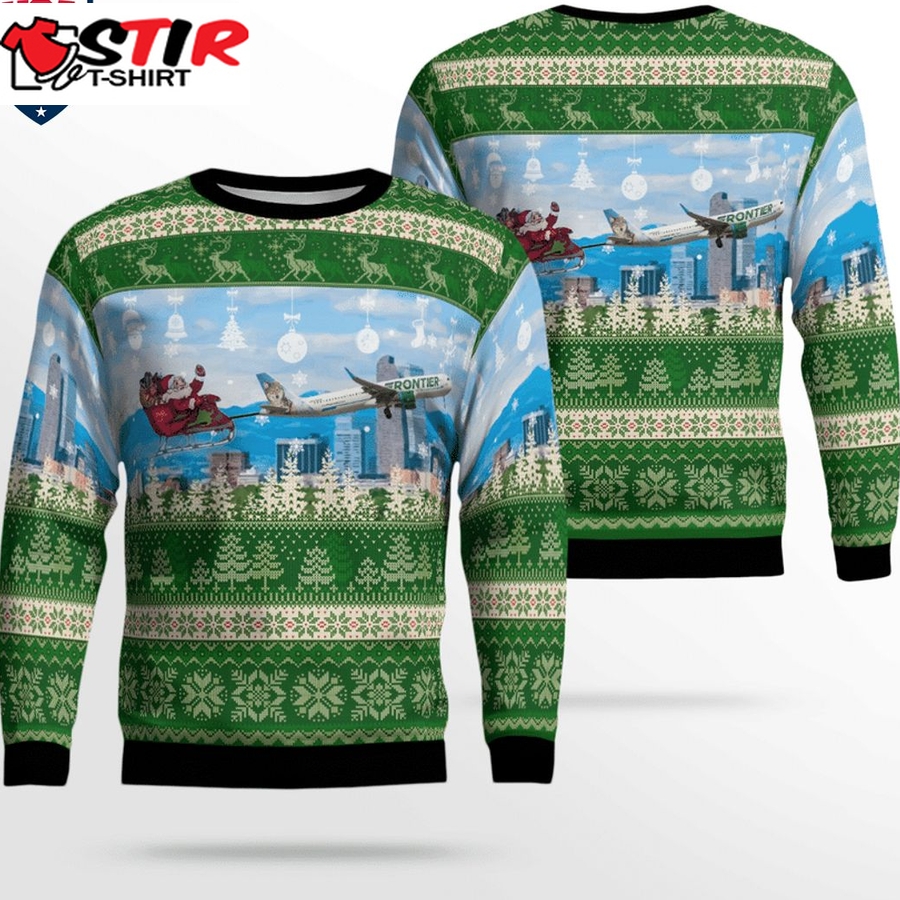 Hot Frontier Airlines Airbus A321 211 With Santa Over Denver 3D Christmas Sweater
