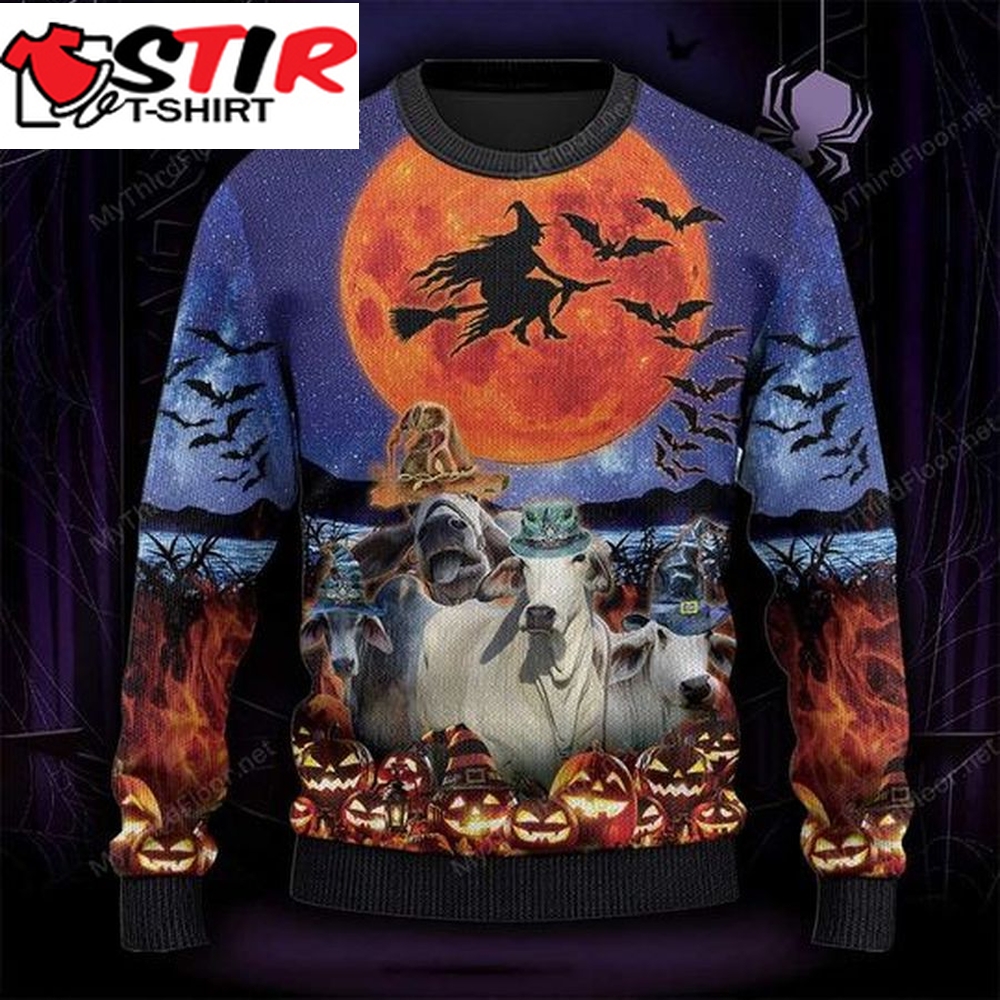 Witch Halloween Moon Pumpkin Brahman Cattle Sweater, Sweatshirt