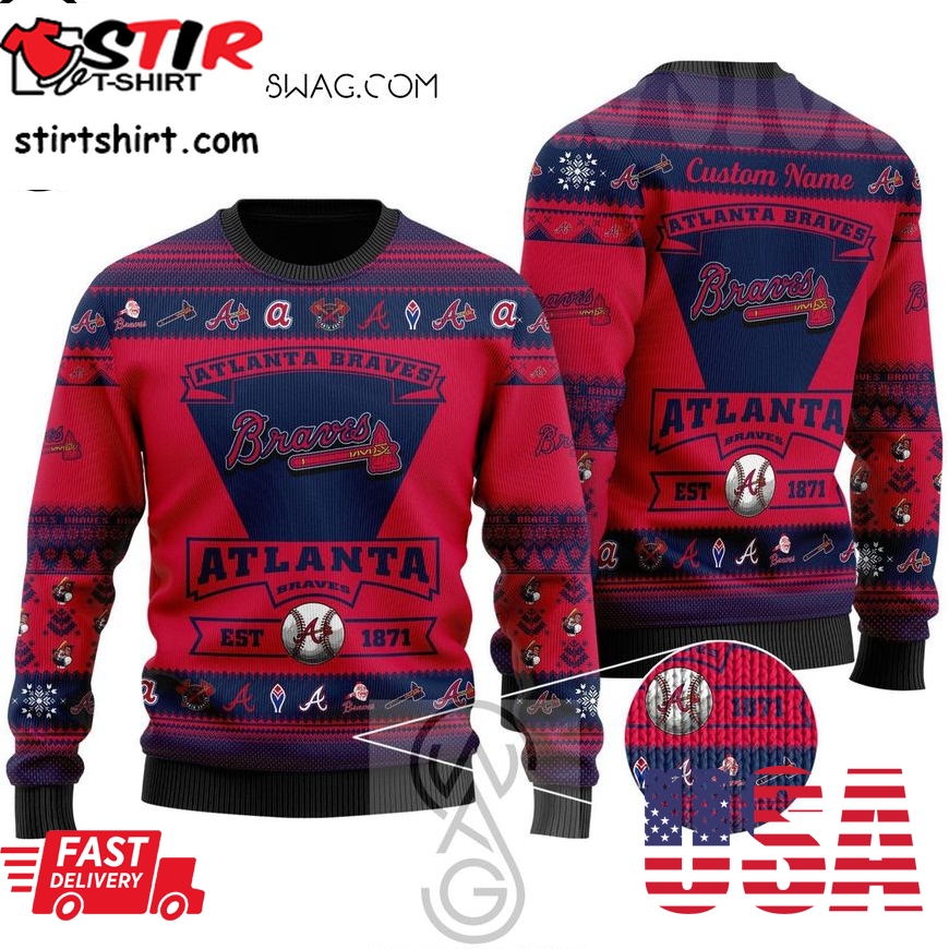 Atlanta Braves Baseball Team Logo Custom Name Holiday Party Ugly Christmas Sweater