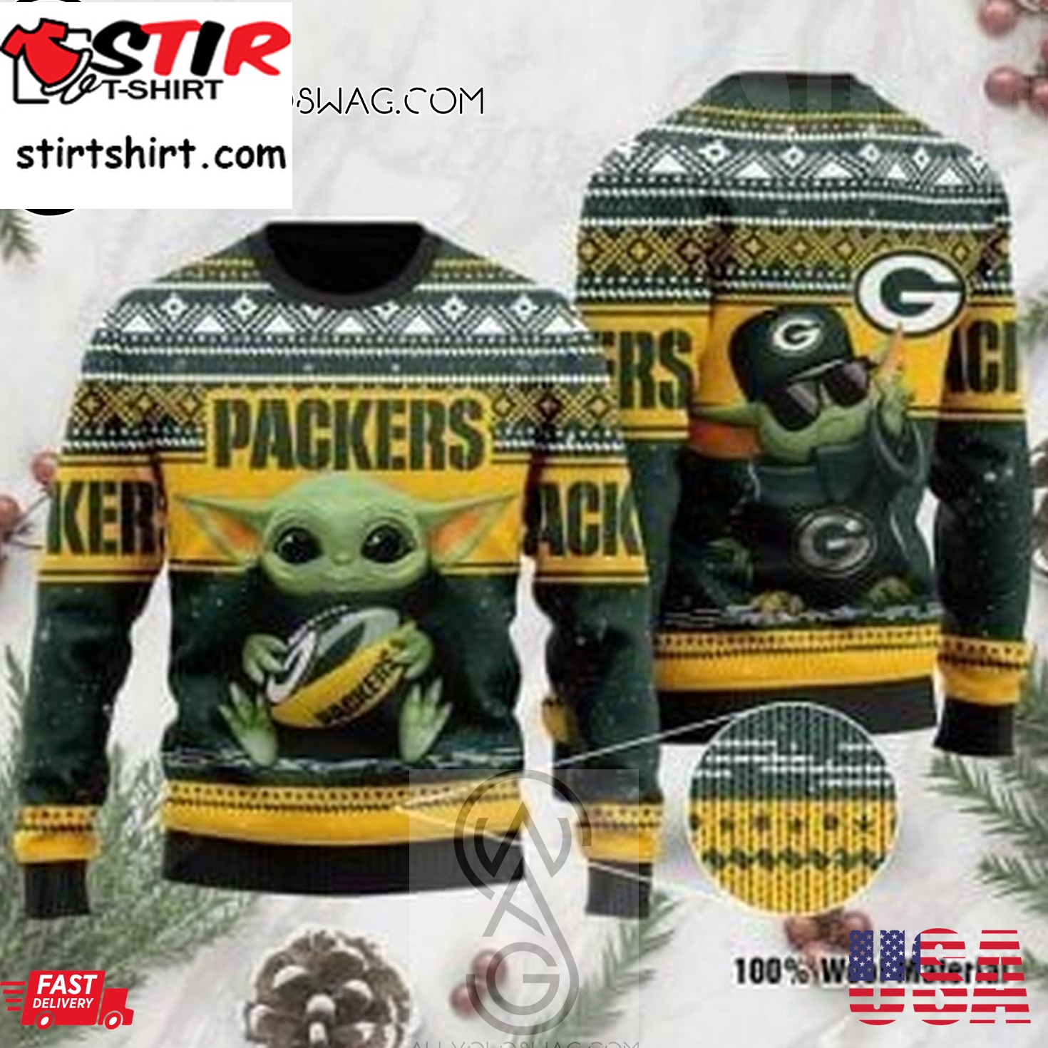 Baby Yoda Green Bay Packers Holiday Party Ugly Christmas Sweater
