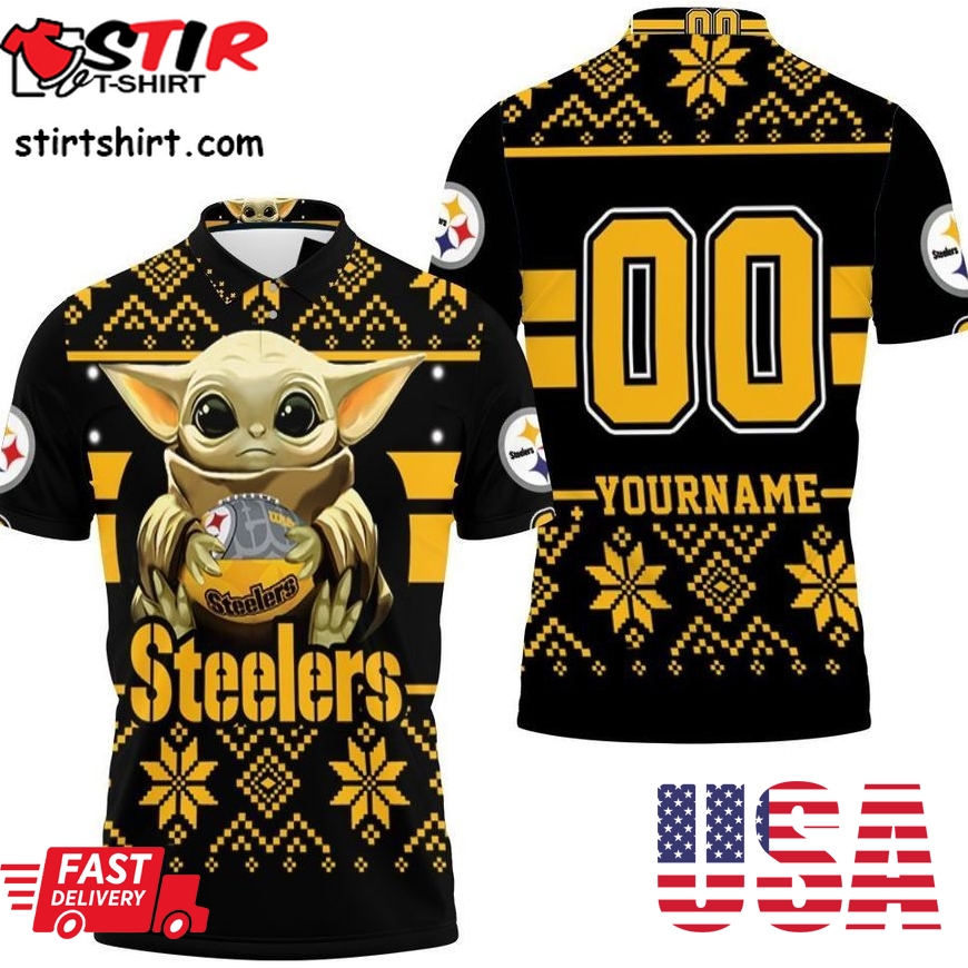 Baby Yoda Hugs Pittsburgh Steelers Ugly Sweater 3D 1 Personalized Polo Shirt All Over Print Shirt 3D T Shirt