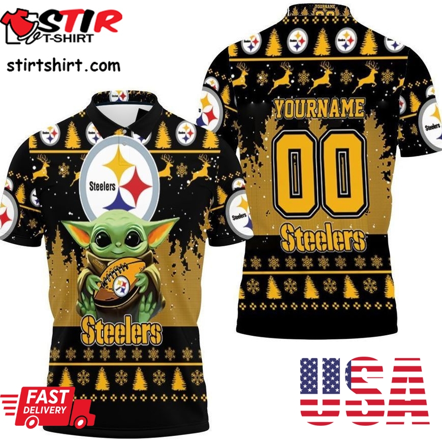 Baby Yoda Hugs Pittsburgh Steelers Ugly Sweater 3D Personalized Polo