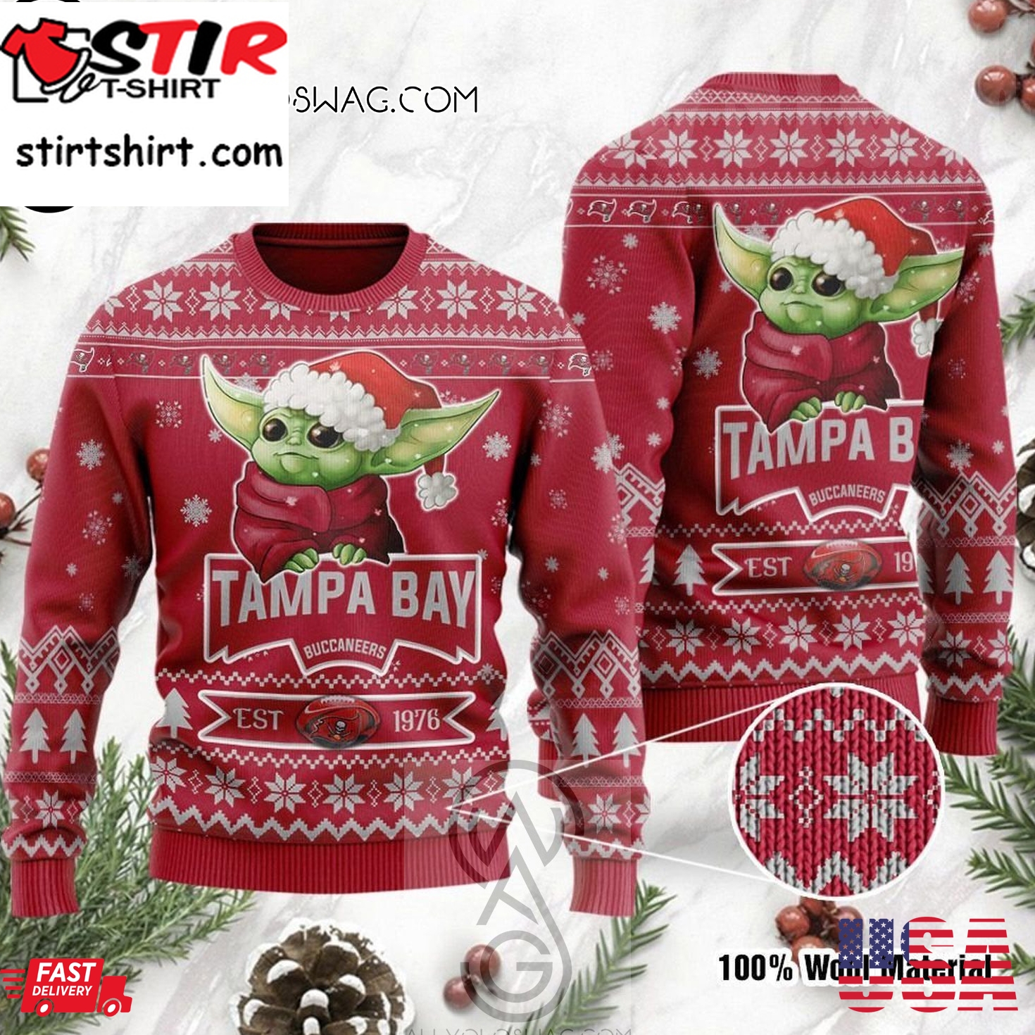 Baby Yoda Hugs Tampa Bay Buccaneers Holiday Party Ugly Christmas Sweater