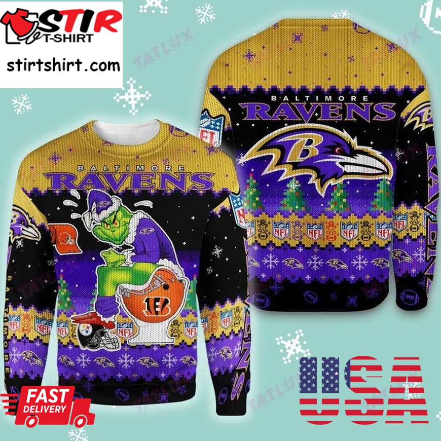 Baltimore Ravens Grinch Toilet 3D Ugly Christmas Sweater