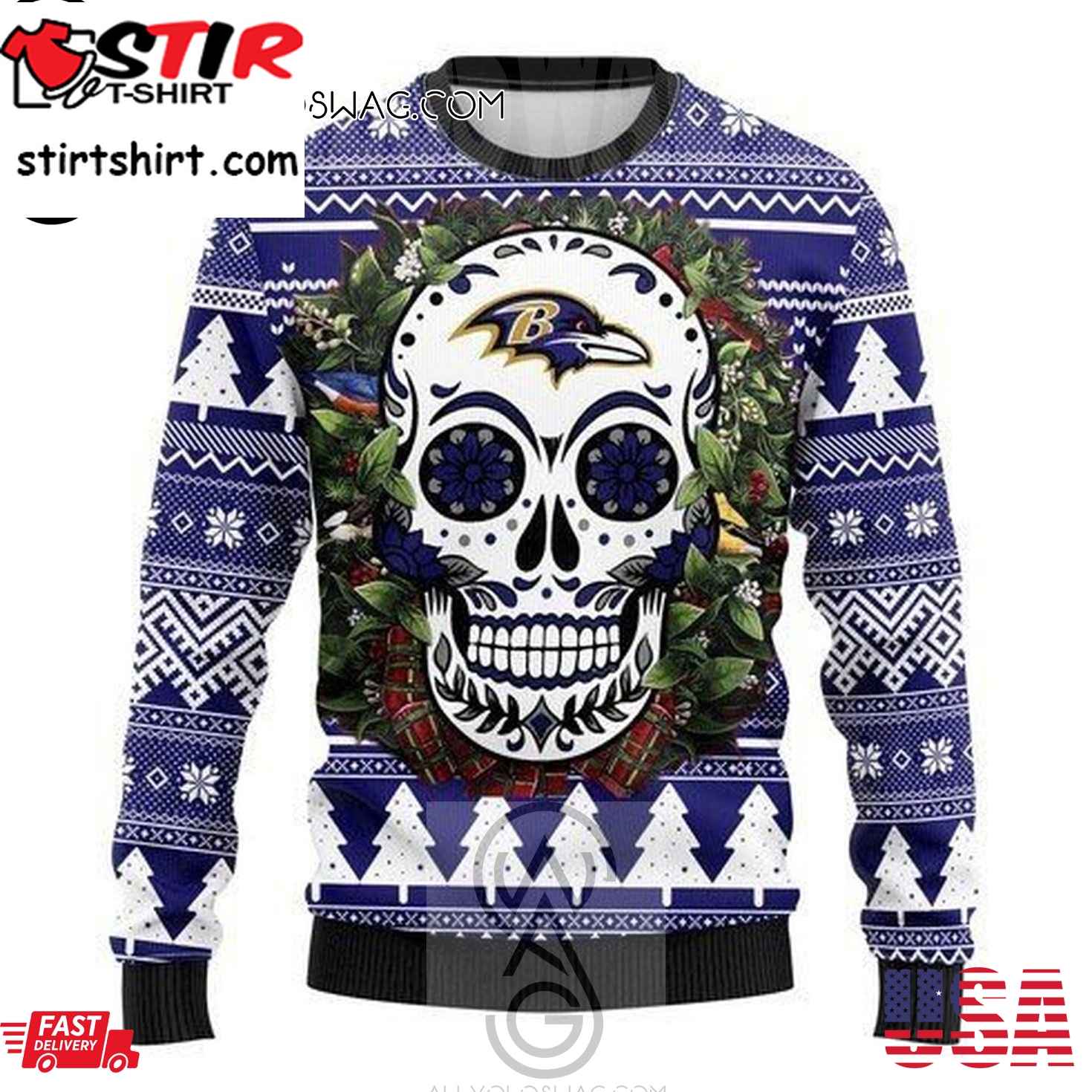 Baltimore Ravens Sugar Skull Holiday Party Ugly Christmas Sweater