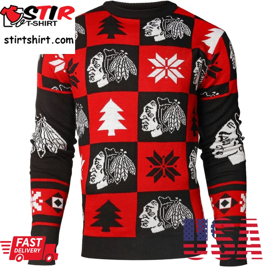 Best Chicago Blackhawks Patches Nhl Ugly Crew Neck Sweater By Forever Collectibles