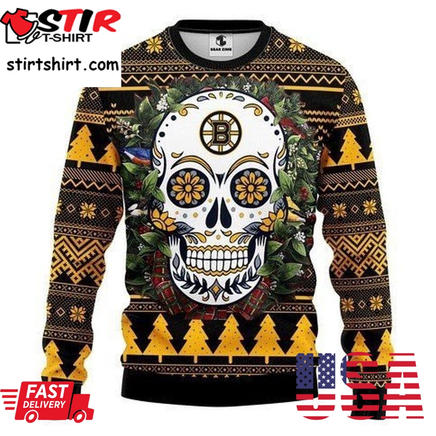 Boston Bruins Skull Flower For Unisex Ugly Christmas Sweater All