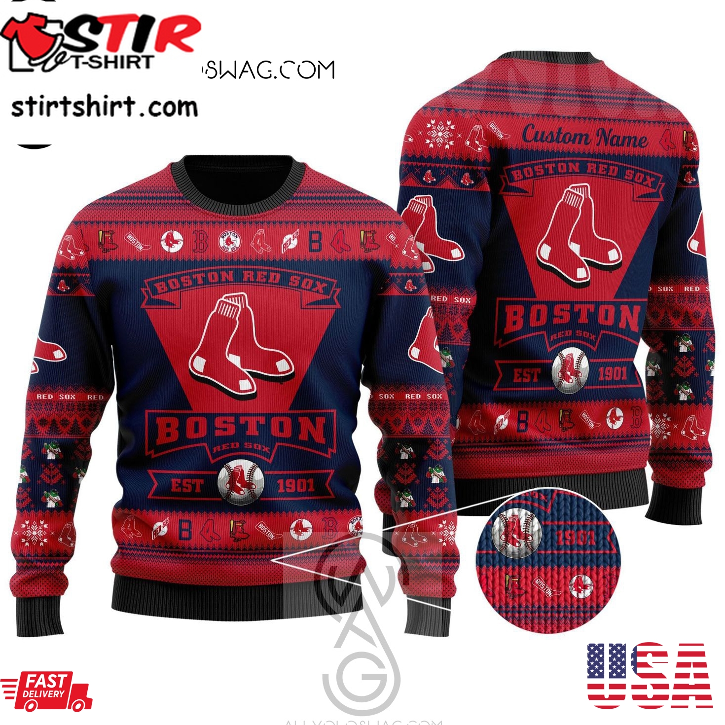 Boston Red Sox Mlb Custom Name Holiday Party Ugly Christmas Sweater