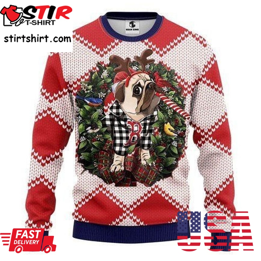 Boston Red Sox Pug Dog Ugly Christmas Sweater All Over