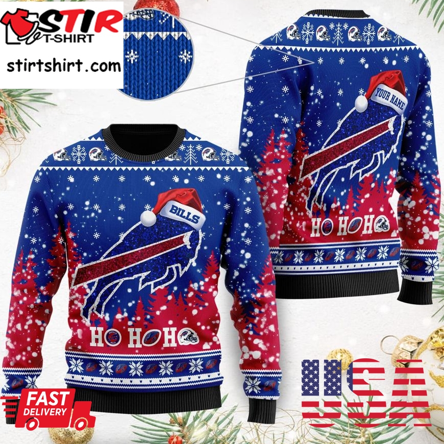 Buffalo Bills Symbol Wearing Santa Claus Hat Ho Ho Ho Custom Personalized Ugly Christmas Sweater, Christmas Sweaters, Hoodie, Sweatshirt, Sweater