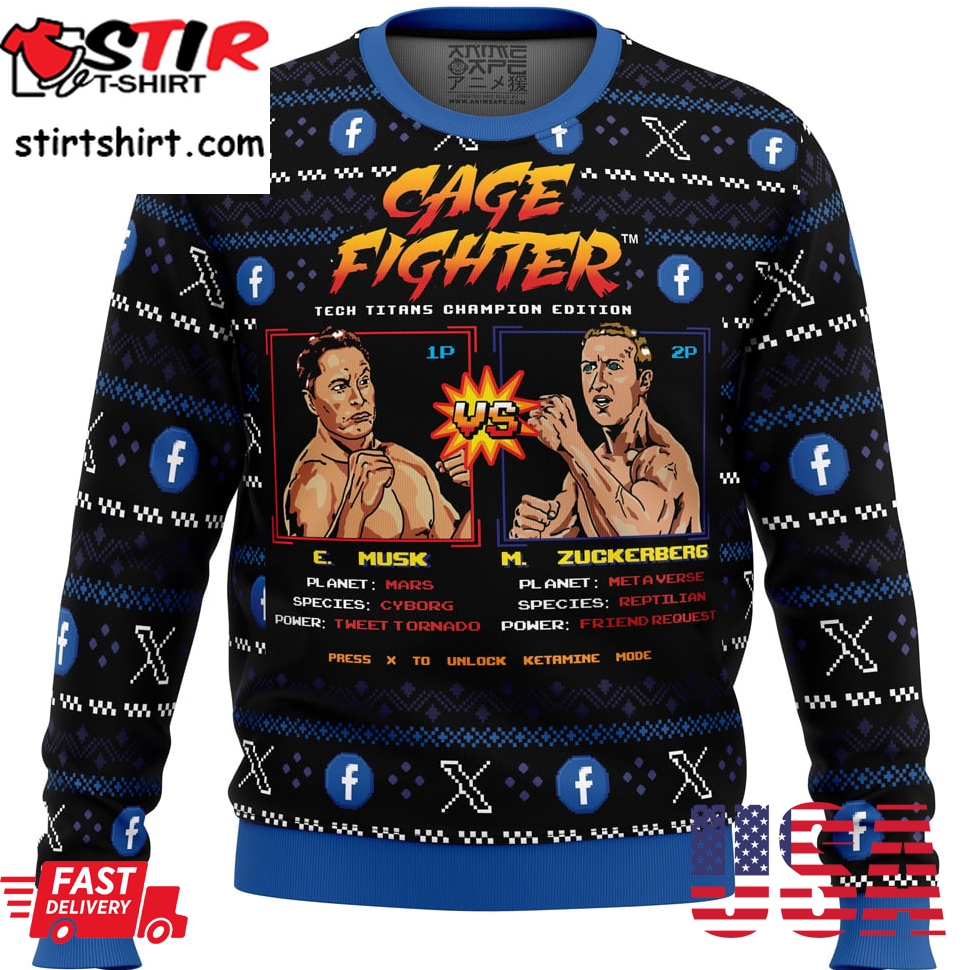 Cage Fighter Elun Mask Vsmark Zuckerberg Funny Pop Culture Ugly Christmas Sweater