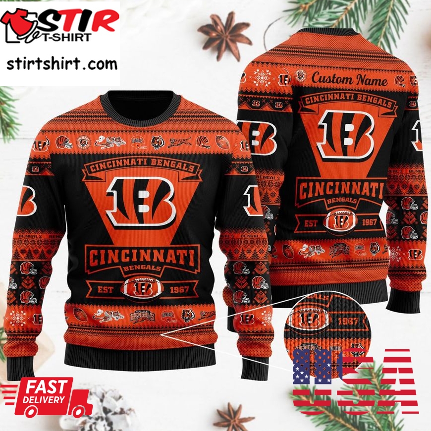Cincinnati Bengals Football Team Logo Custom Name Personalized Ugly Christmas Sweater, Ugly Sweater, Christmas Sweaters, Hoodie, Sweatshirt, Sweater