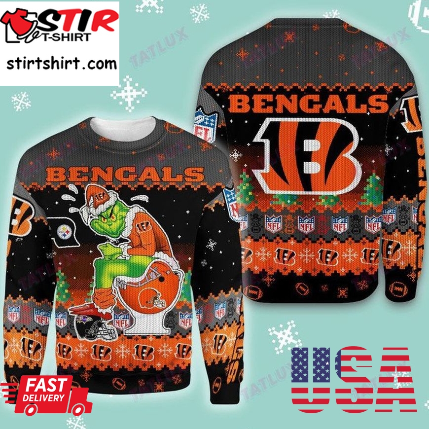 Cincinnati Bengals Grinch Toilet 3D Ugly Christmas Sweater