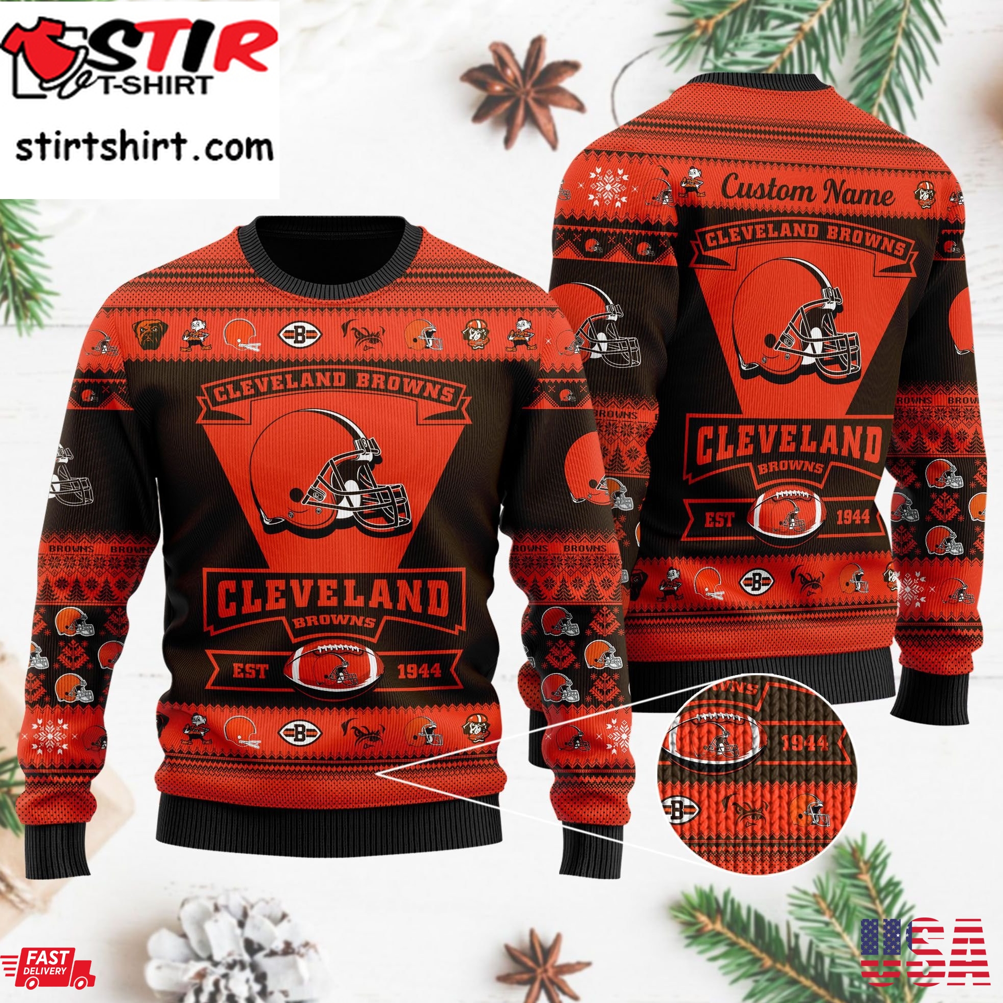 Cleveland Browns Football Team Logo Custom Name Personalized Ugly Christmas
