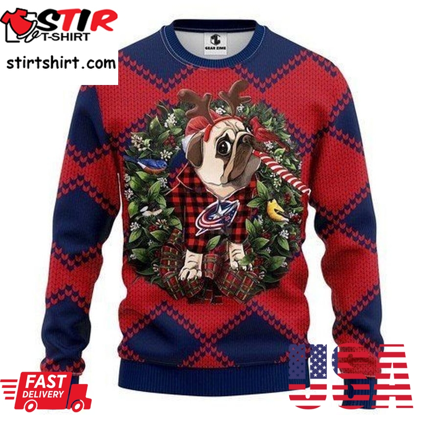 Columbus Blue Jackets Pug Dog For Unisex Ugly Christmas Sweater, All Over Print Sweatshirt, Ugly Sweater, Christmas Sweaters, Hoodie, Sweater