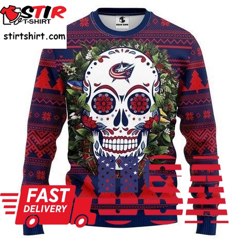 Columbus Blue Jackets Skull Flower Ugly Christmas Sweater All Over