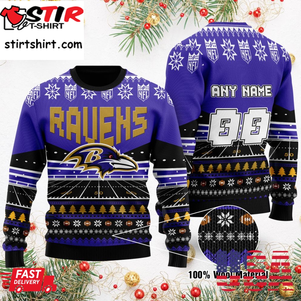 Custom Name Number Nfl Baltimore Ravens Rugby Stadium Ugly Christmas Sweater