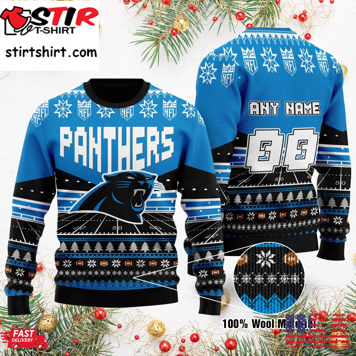 Custom Name Number Nfl Carolina Panthers Rugby Stadium Ugly Christmas Sweater