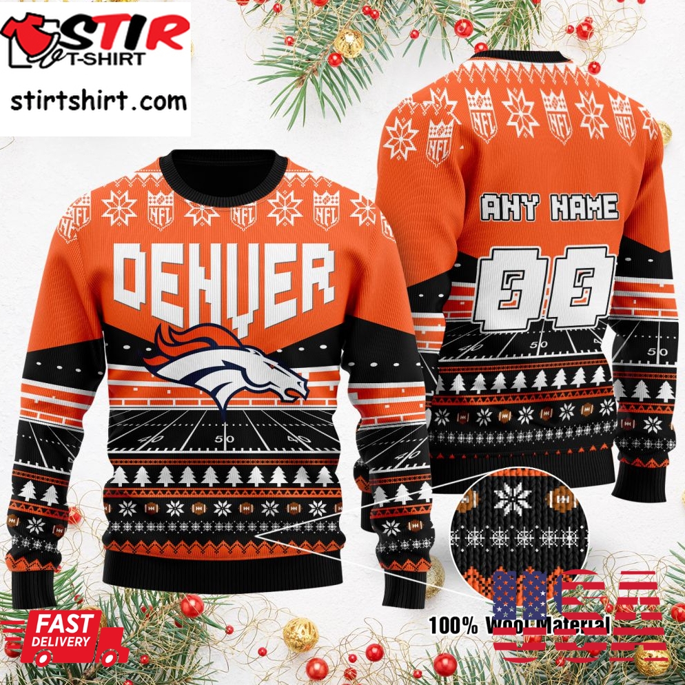 Custom Name Number Nfl Denver Broncos Rugby Stadium Ugly Christmas Sweater