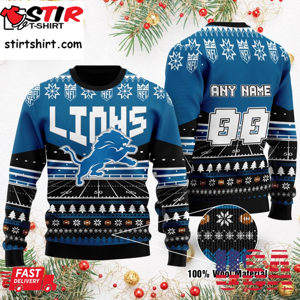 Custom Name Number Nfl Detroit Lions Rugby Stadium Ugly Christmas Sweater