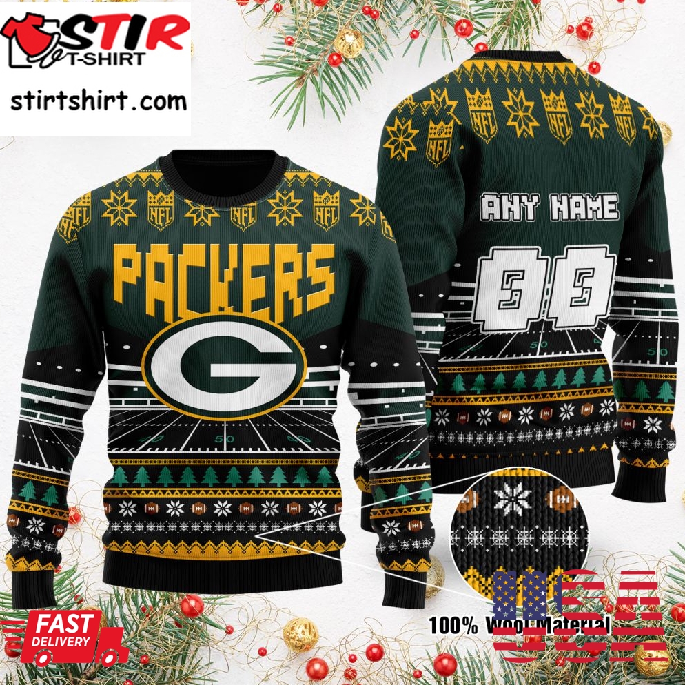 Custom Name Number Nfl Green Bay Packers Rugby Stadium Ugly Christmas Sweater
