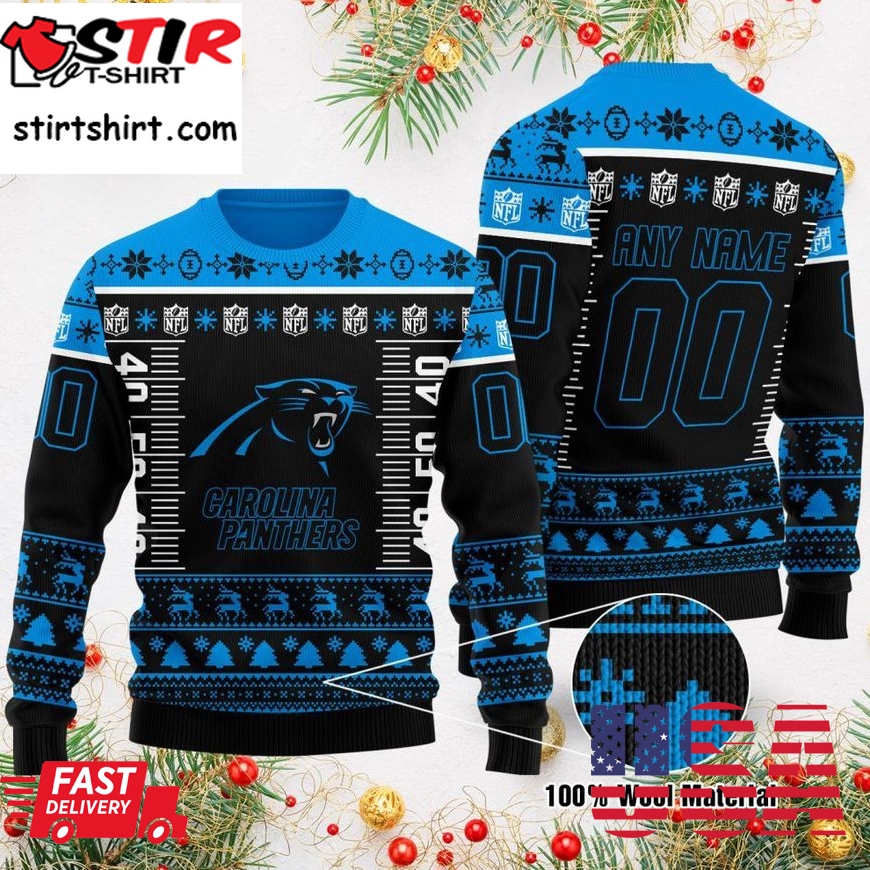 Custom Name Number Nfl Logo Carolina Panthers Ugly Christmas Sweater