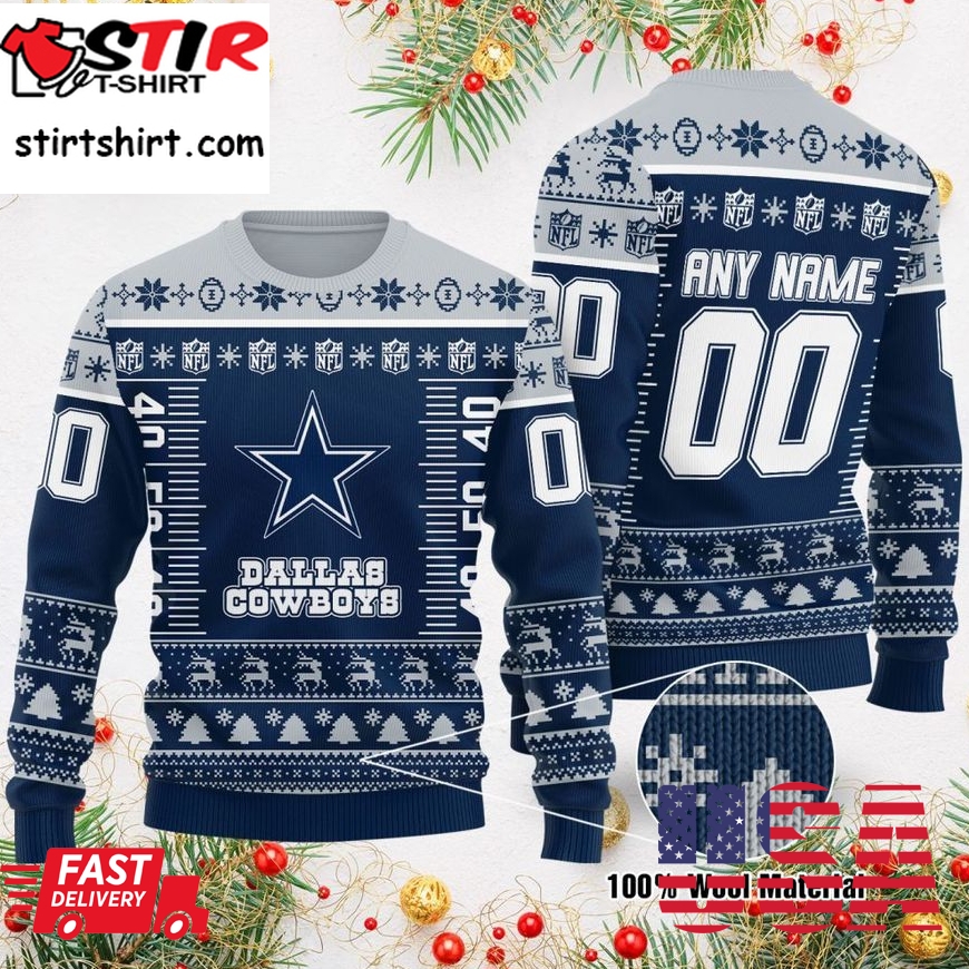 Custom Name Number Nfl Logo Dallas Cowboysls Ugly Christmas Sweater