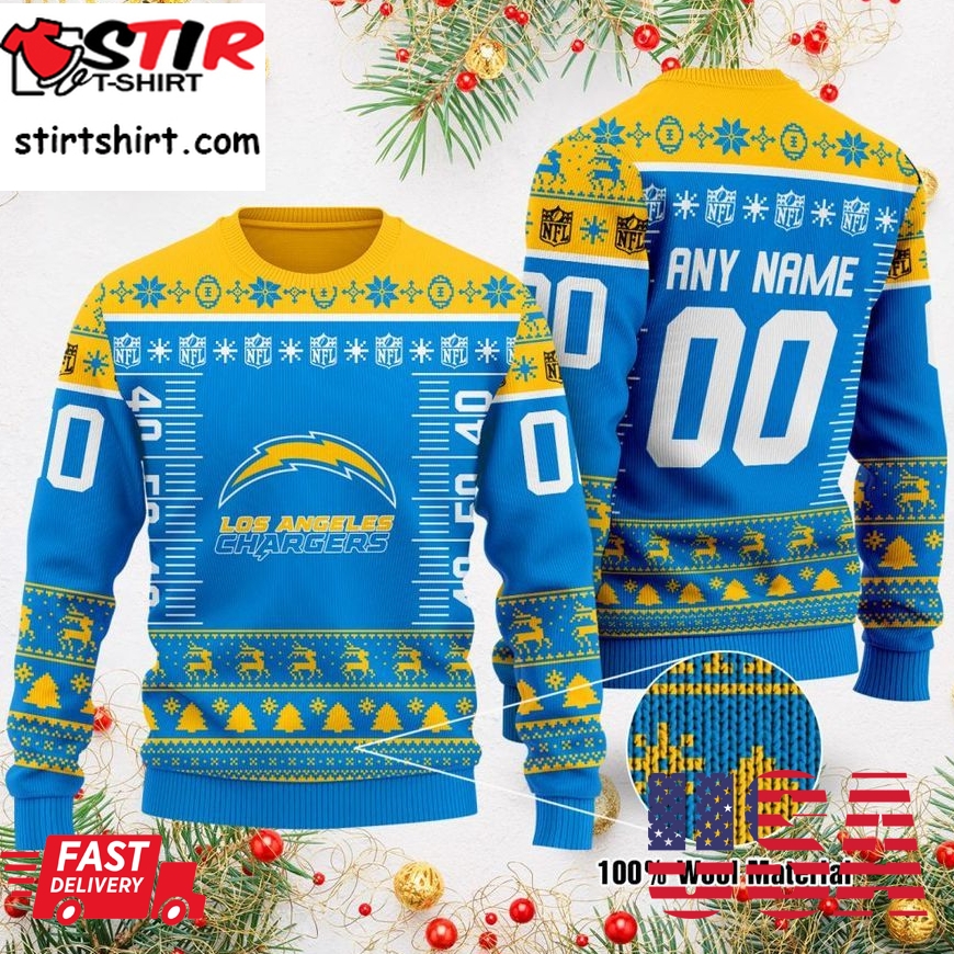 Custom Name Number Nfl Logo Los Angeles Chargers Ugly Christmas Sweater