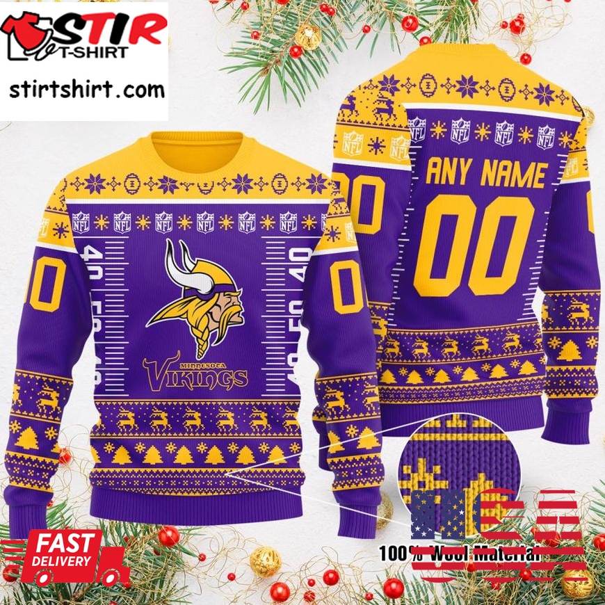 Custom Name Number Nfl Logo Minnesota Vikings Ugly Christmas Sweater