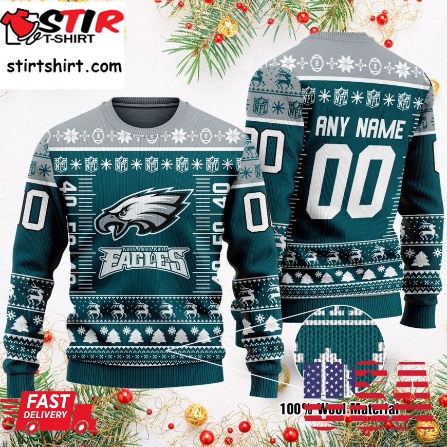 Custom Name Number Nfl Logo Philadelphia Eagles Ugly Christmas Sweater