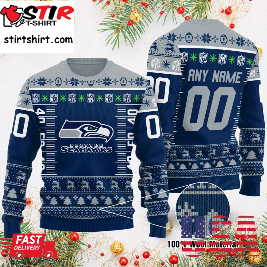 Custom Name Number Nfl Logo Seattle Seahawks Ugly Christmas Sweater