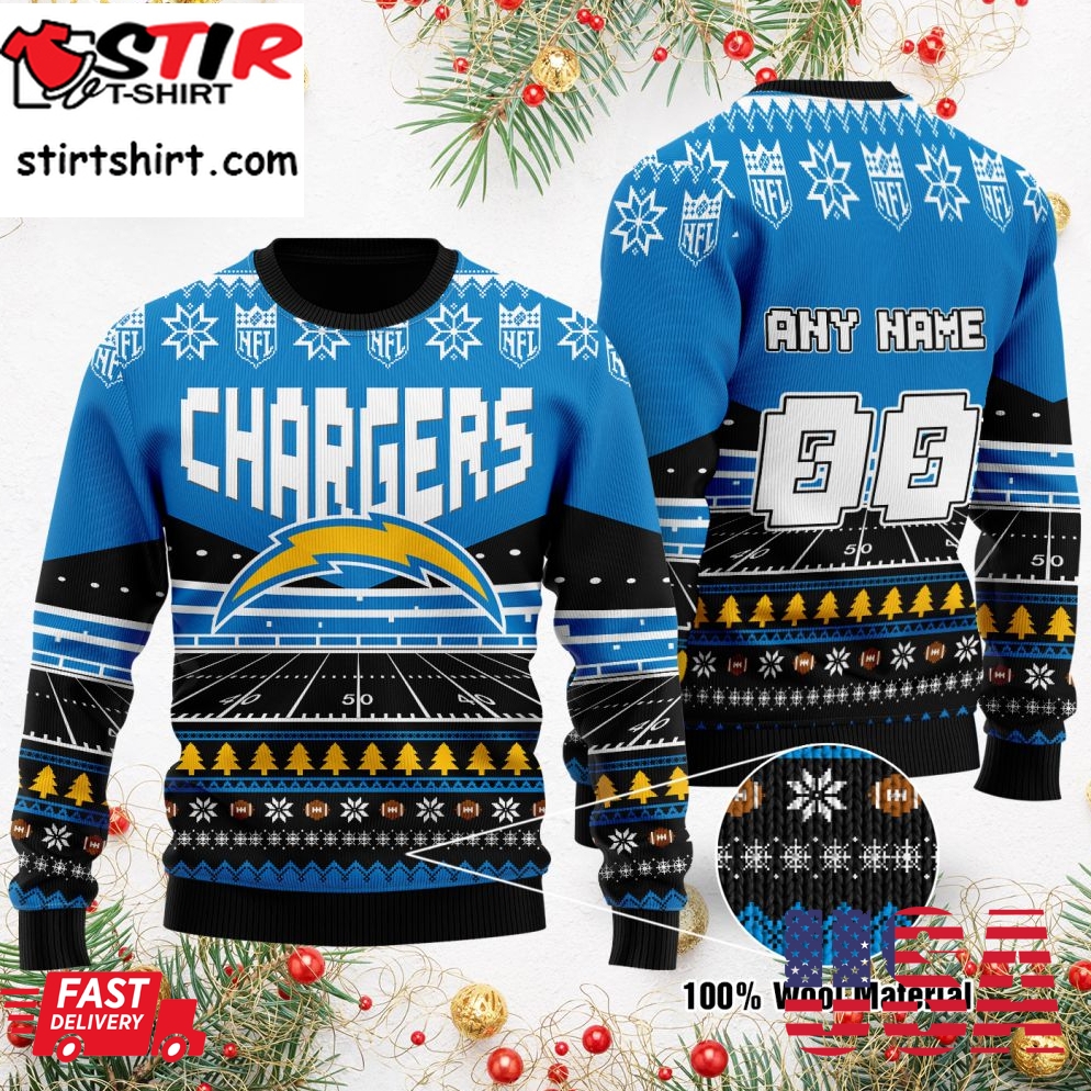 Custom Name Number Nfl Los Angeles Chargers Rugby Stadium Ugly Christmas Sweater