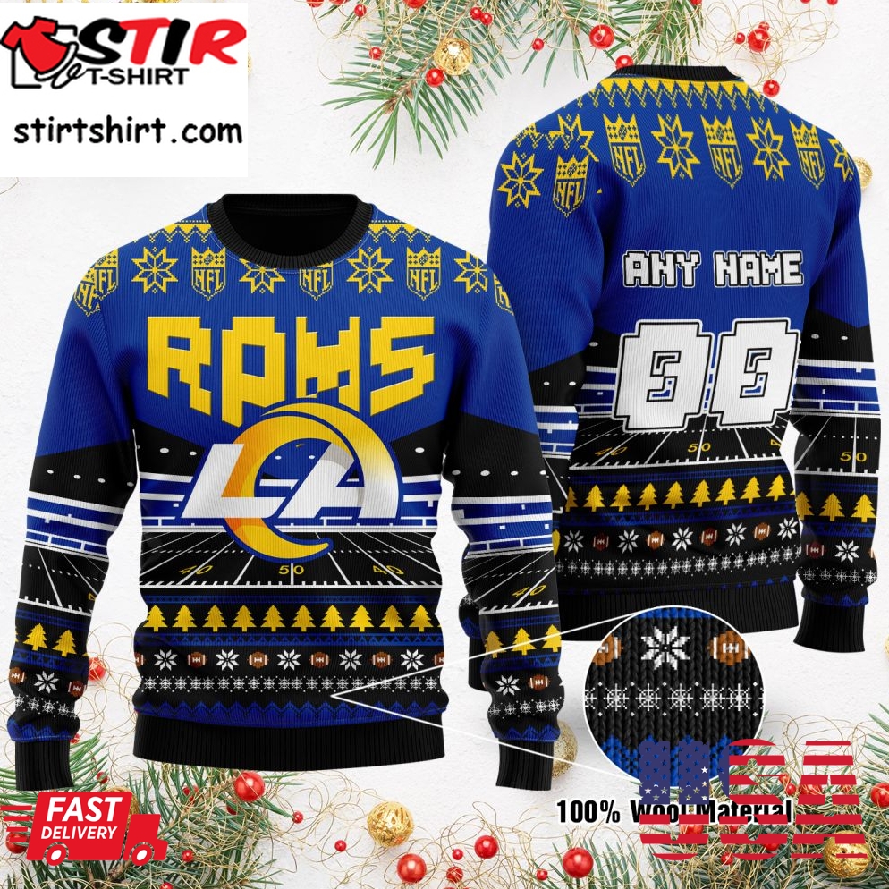 Custom Name Number Nfl Los Angeles Rams Rugby Stadium Ugly Christmas Sweater