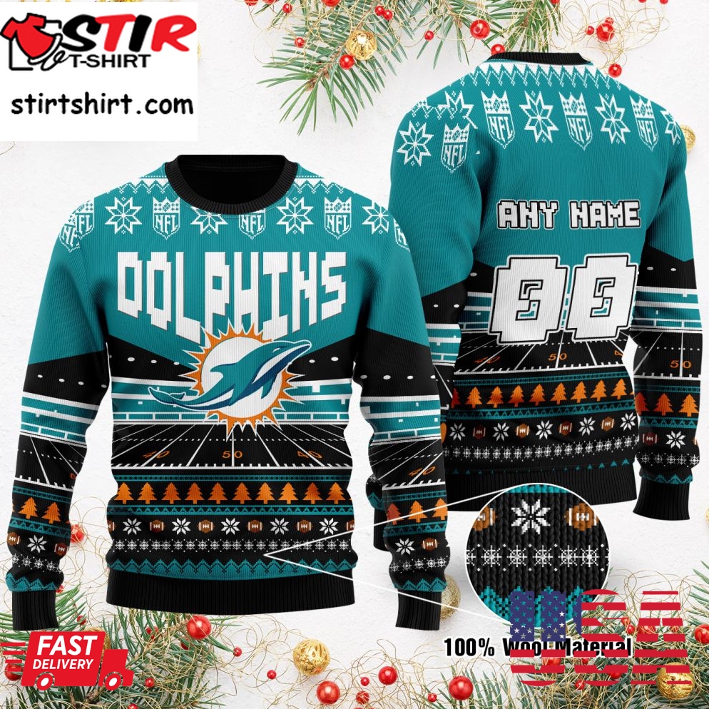 Custom Name Number Nfl Miami Dolphins Rugby Stadium Ugly Christmas Sweater