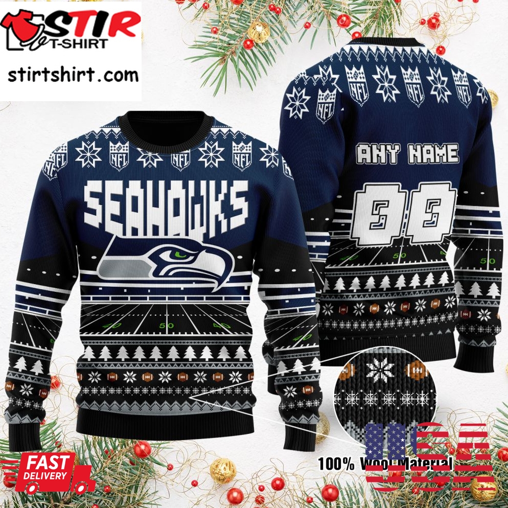 Custom Name Number Nfl Seattle Seahawks Rugby Stadium Ugly Christmas Sweater