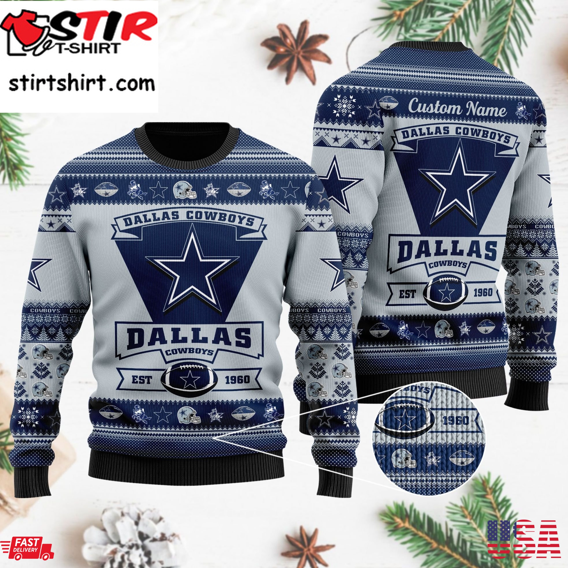 Dallas Cowboys Football Team Logo Custom Name Personalized Ugly Christmas