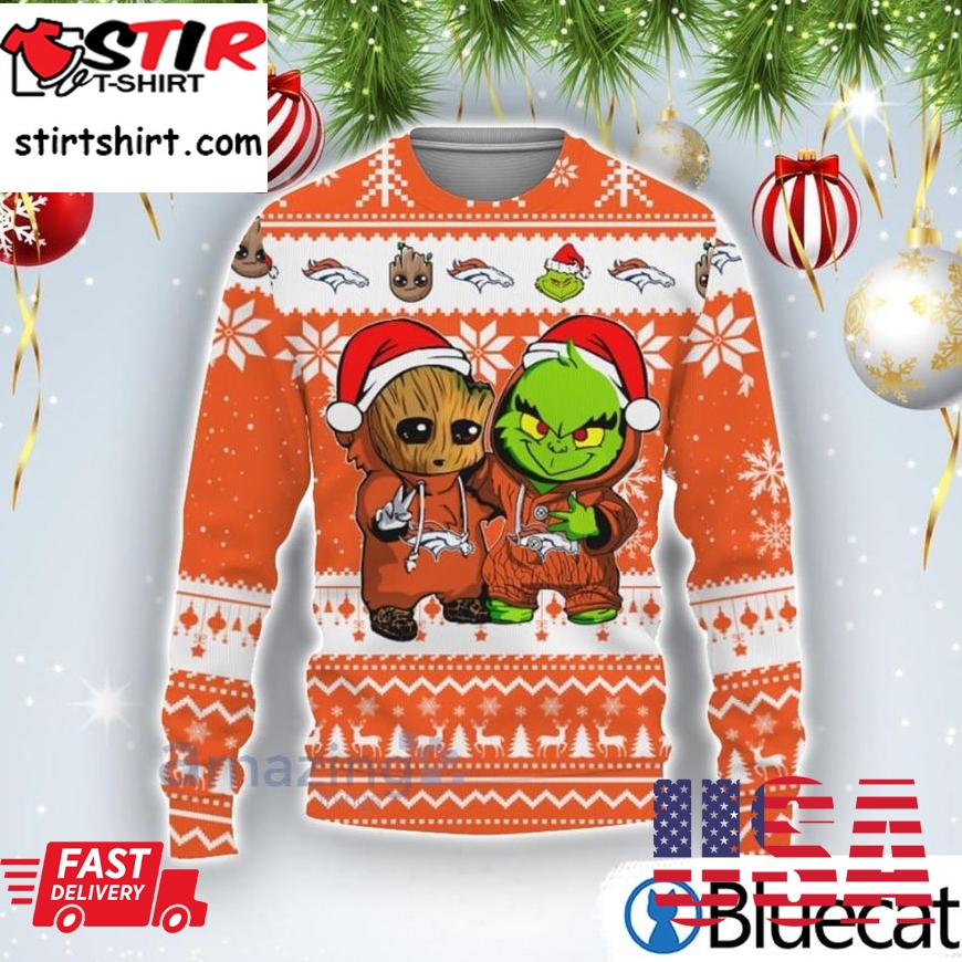 Denver Broncos Baby Groot And Grinch Best Friends Football American Ugly Christmas Sweater
