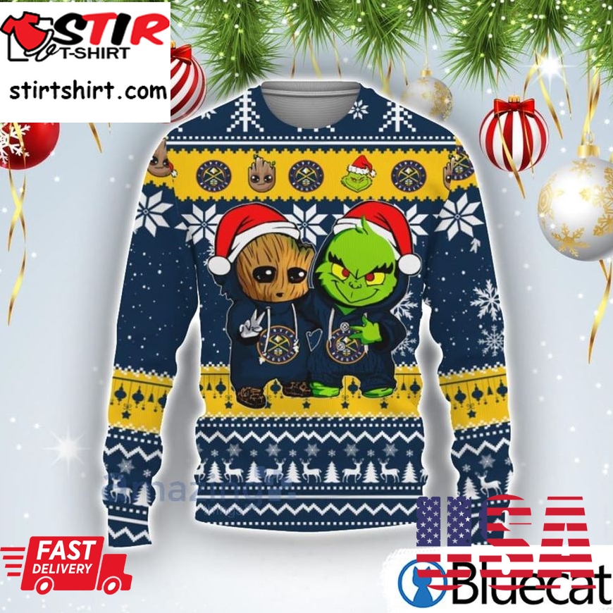Denver Nuggets Baby Groot And Grinch Best Friends Football American Ugly Christmas Sweater