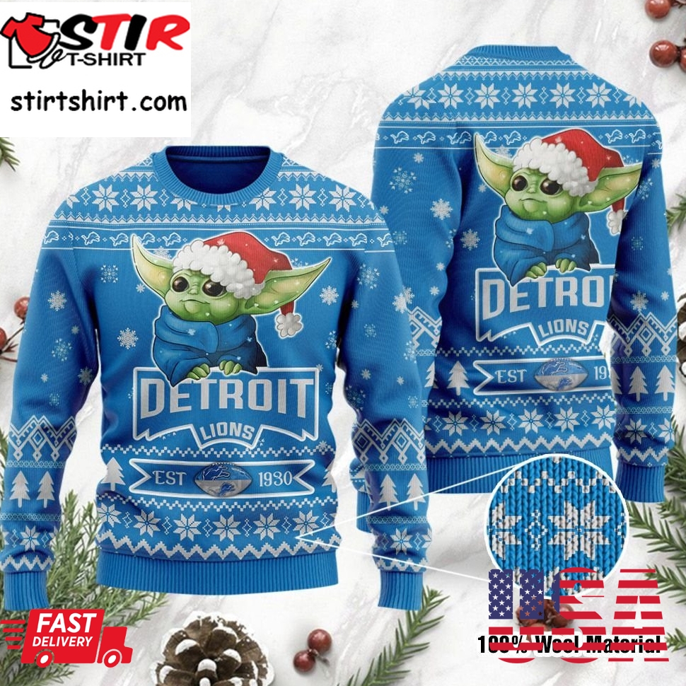 Detroit Lions Cute Baby Yoda Grogu Holiday Party Ugly Christmas
