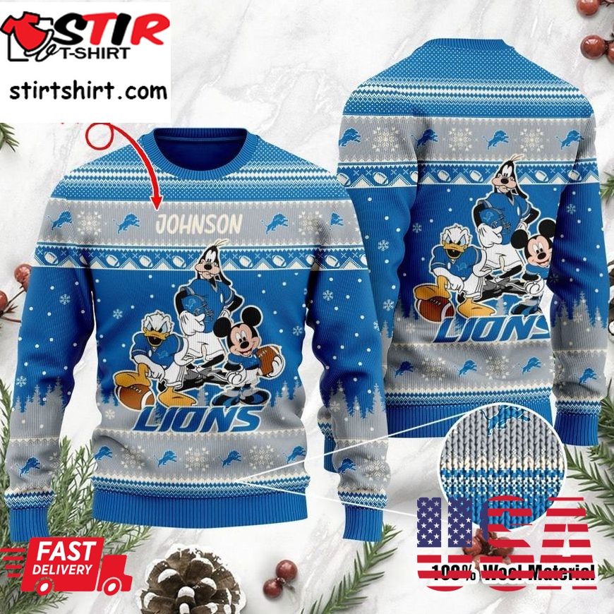 Detroit Lions Disney Donald Duck Mickey Mouse Goofy Personalized Ugly Christmas Sweater, Christmas Sweaters, Hoodie, Sweatshirt, Sweater