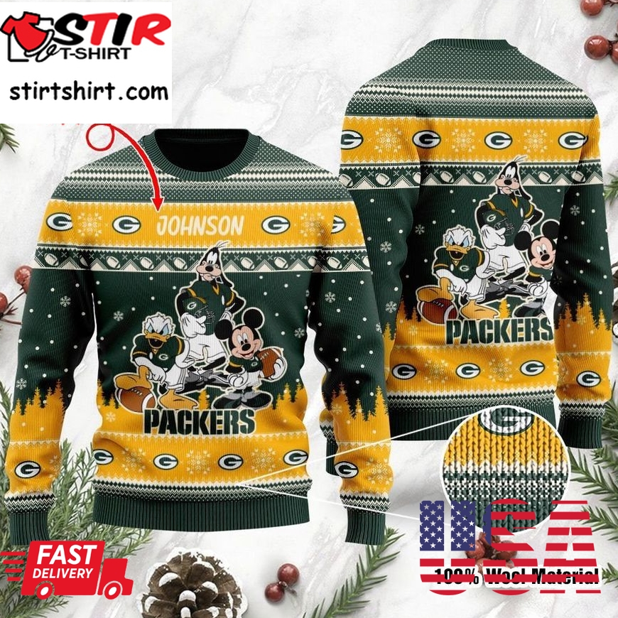Green Bay Packers Disney Donald Duck Mickey Mouse Goofy Personalized Ugly Christmas Sweater, Christmas Sweaters, Hoodie, Sweatshirt, Sweater