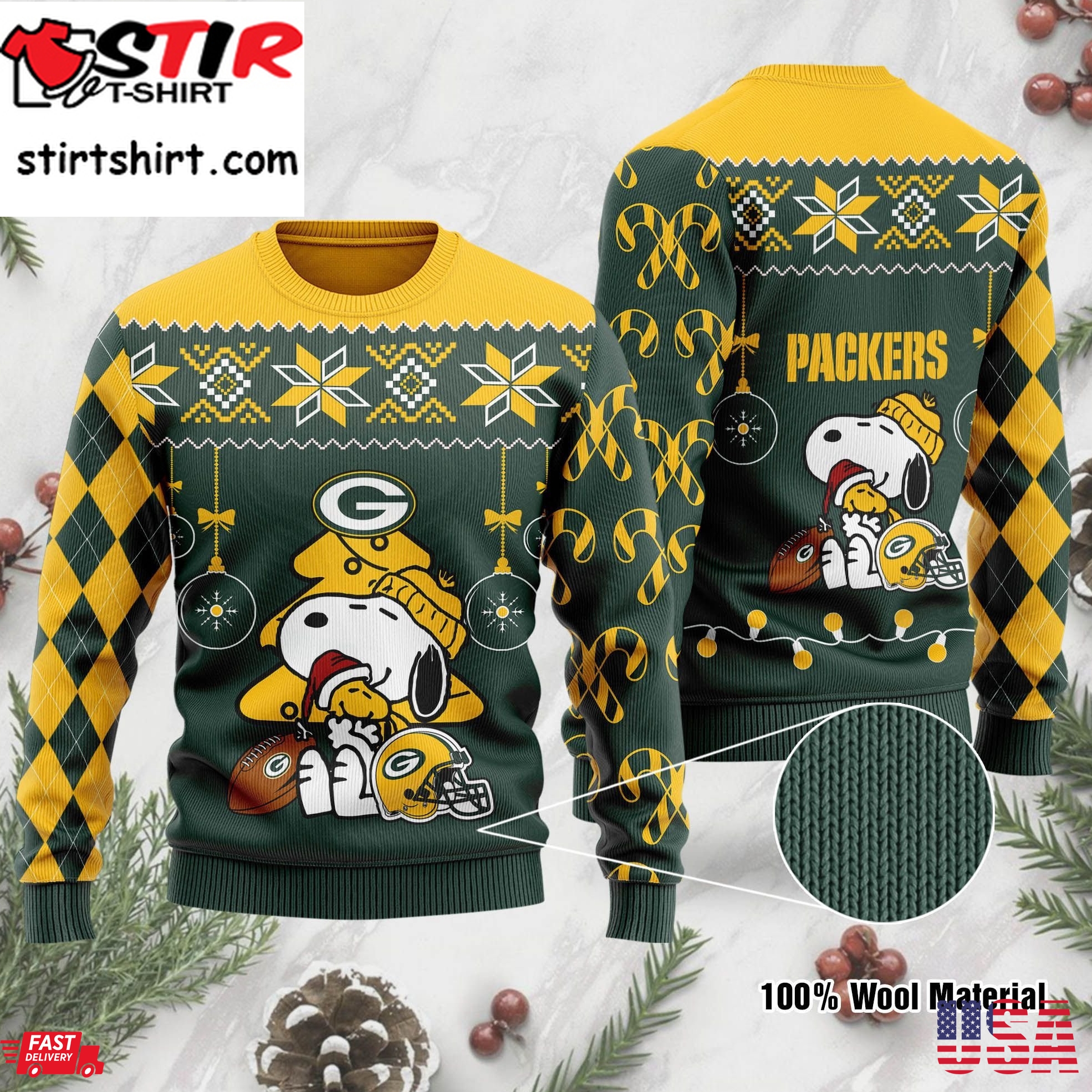 Green Bay Packers Funny Charlie Brown Peanuts Snoopy Ugly Christmas