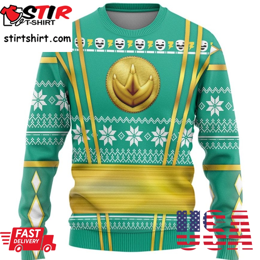 Green Mighty Morphin Power Rangers Logo Ugly Sweater