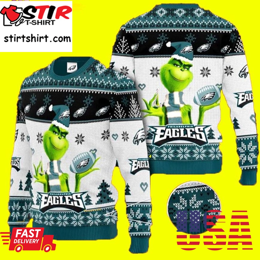 Grinch Ugly Christmas Sweater 3D Grinch Philadelphia Eagles Merry Christmas