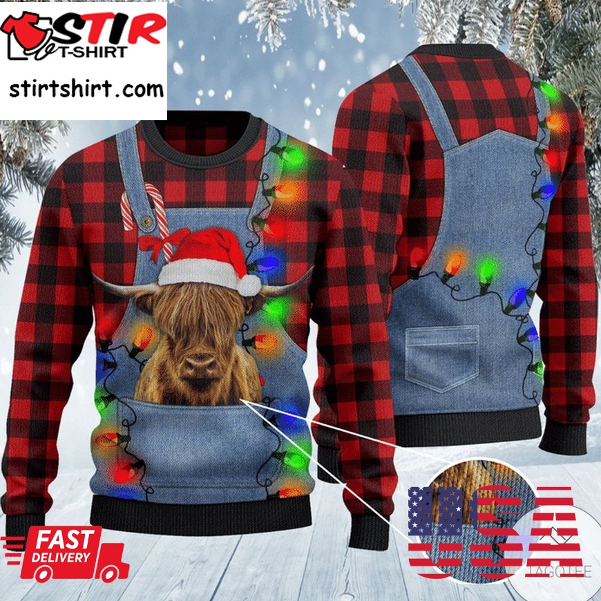 Highland Cattle Lovers Red Plaid Shirt And Denim Bib Overalls Ugly Christmas Sweater