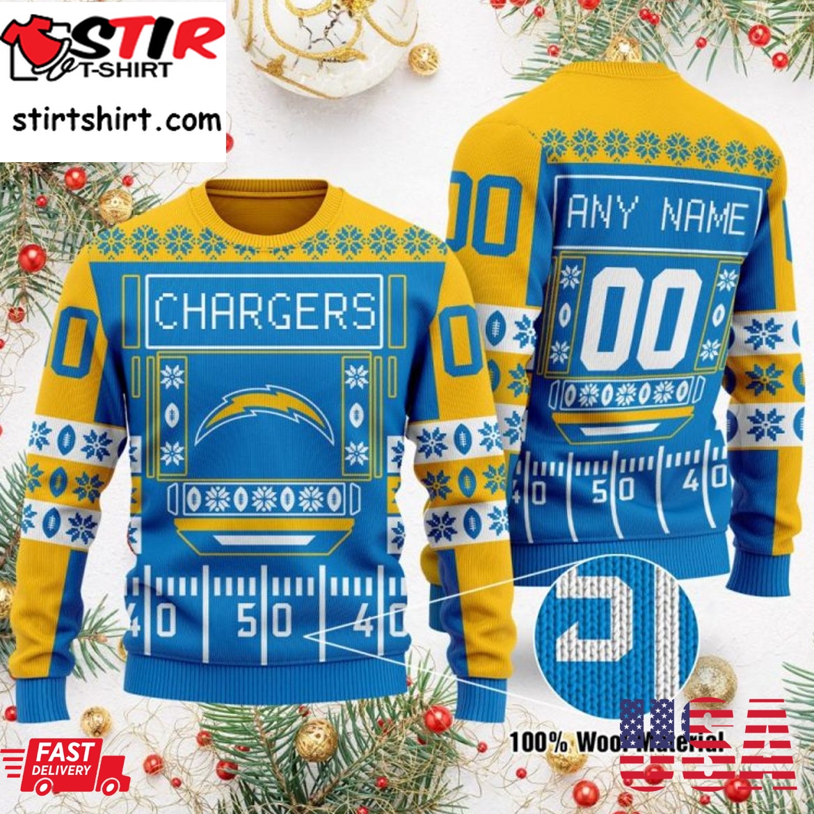 Los Angeles Chargers NFL blue Ensemble AOP Custom Number And Name Ugly  Christmas Sweater Black Gift For Fans - Freedomdesign