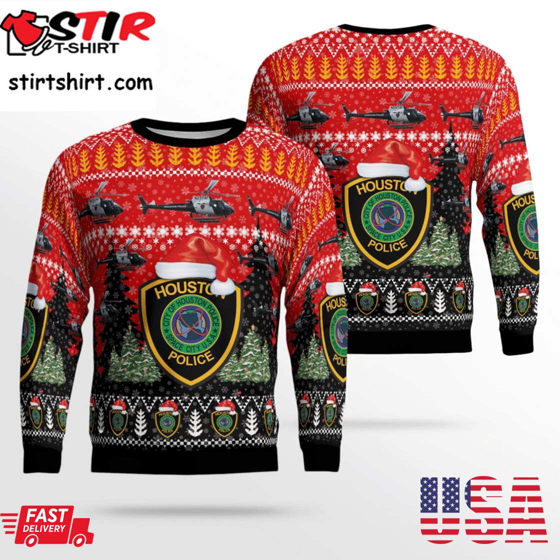 Hot Texas Houston Police Department H125 Helicopter 3D Christmas Sweater